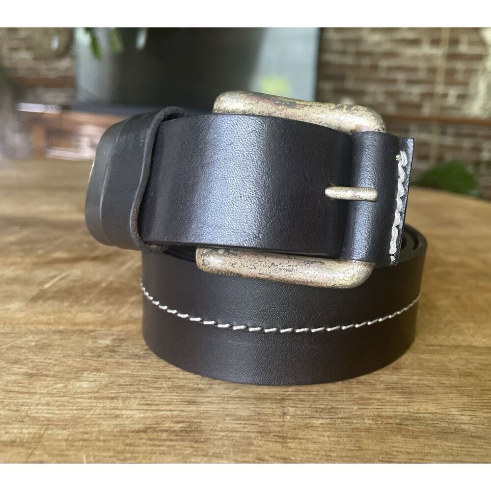 Men’s Genuine Leather Belt Brown Contrast Stitch Brass Buckle Size M/L Argentina